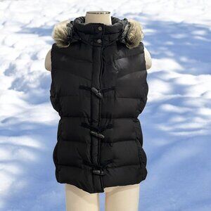 J Crew Black Puffer Vest M Hooded Faux Fur Trim Toggle Closure Winter Preppy Ski